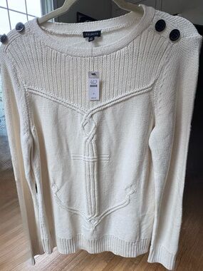NWT Talbots Cable Ribbed-Yoke Knit Sweater Nautical Anchor Crewneck Cream sz M